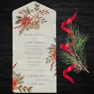 Invitation Tout En Un Poinsettias avec Holly sur Sage Vert Neige