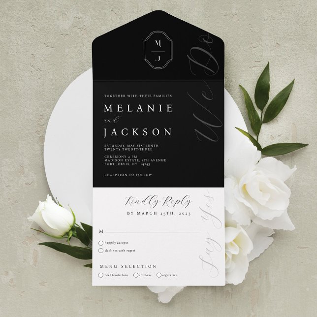 Invitation Tout En Un Poitrine monographique personnalisée en noir et bl (Minimal Black & White Personalized Monogram Crest All In One Invitation)