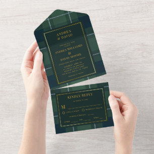 Invitation Tout En Un Polo Tartan Vert Foncé Mariage Vintage
