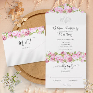 Invitation Tout En Un Pony rose Floral Élégant Script Monogramme Mariage