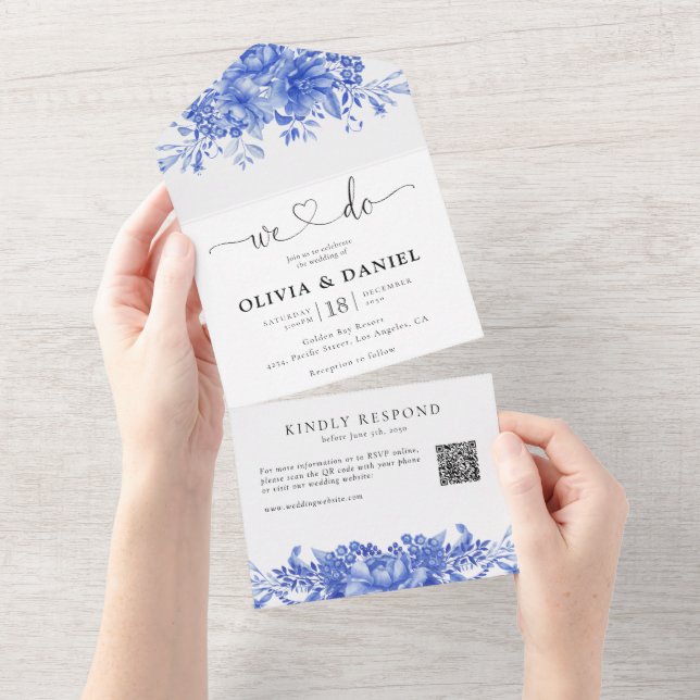 Invitation Tout En Un Porcelaine bleue Floral tout en un mariage Inviter (Déchirure)