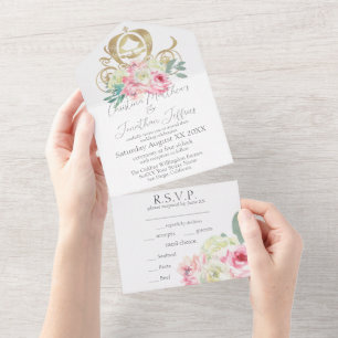 Invitation Tout En Un Porte d'or et Fleurs roses Mariage de conte de fée
