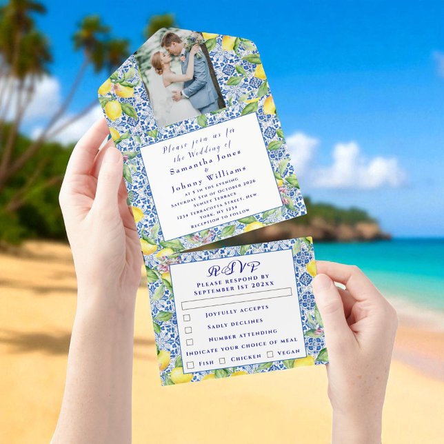 Invitation Tout En Un Portuguese Tiles Lemons Rustic Photo Wedding  (Créateur téléchargé)