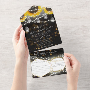 Invitation Tout En Un Pot de fleurs Mason Tournesol Mariage Noir & Or