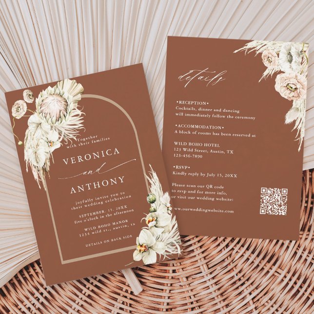 Invitation Tout en un Protea Pampas Grass Mariage Terracotta (Créateur téléchargé)