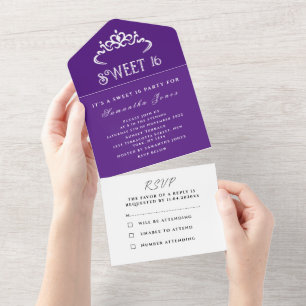 Invitation Tout En Un Purple Blanc Cute Sweet 16 Tiara Seteen Moderne