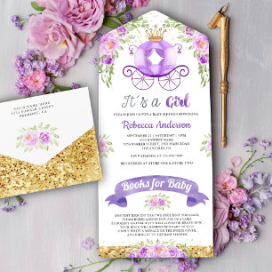 Invitation Tout En Un Purple Floral mignonne Princess Baby shower de tra