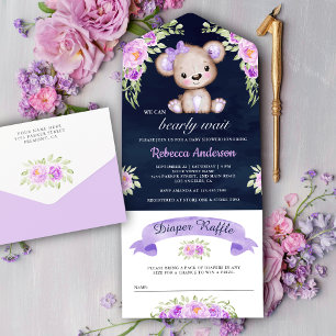 Invitation Tout En Un Purple Floral Teddy Bear Baby shower bleu marine
