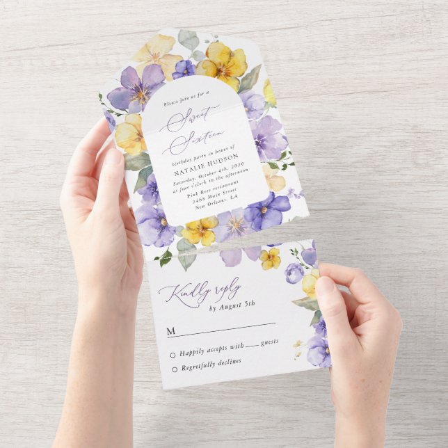 Invitation Tout En Un Purple Flowers, Yellow Flowers, Boho, Sweet 16 (Déchirure)