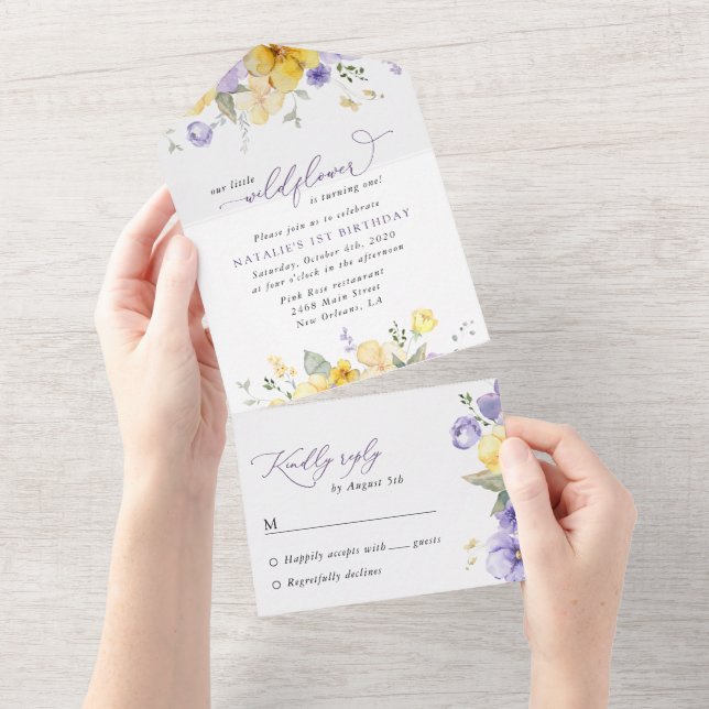 Invitation Tout En Un Purple Flowers, Yellow Flowers, First Birthday (Déchirure)