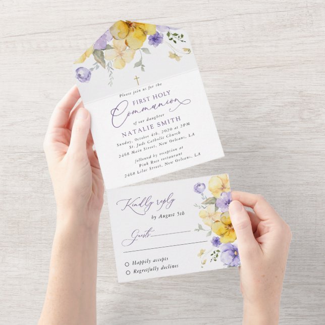 Invitation Tout En Un Purple Flowers, Yellow Flowers, First Communion (Déchirure)