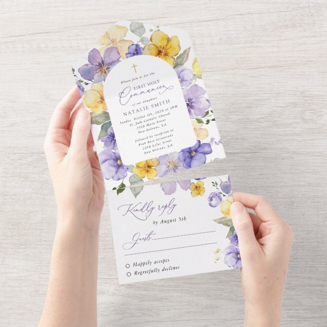 Invitation Tout En Un Purple Flowers, Yellow Flowers, First Communion (Déchirure)