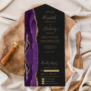 Invitation Tout En Un Purple Gold Agate Options de repas Mariage foncé