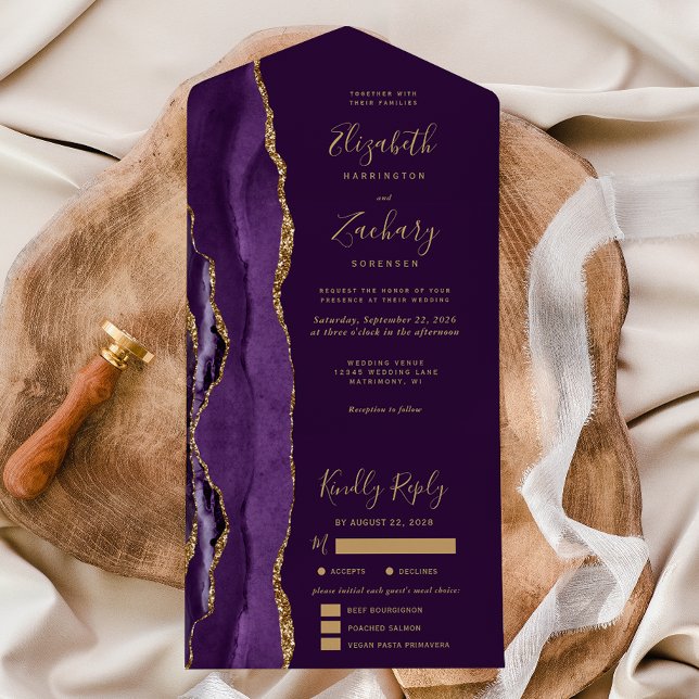 Invitation Tout En Un Purple Gold Agate Plum Meal Options Wedding (Créateur téléchargé)