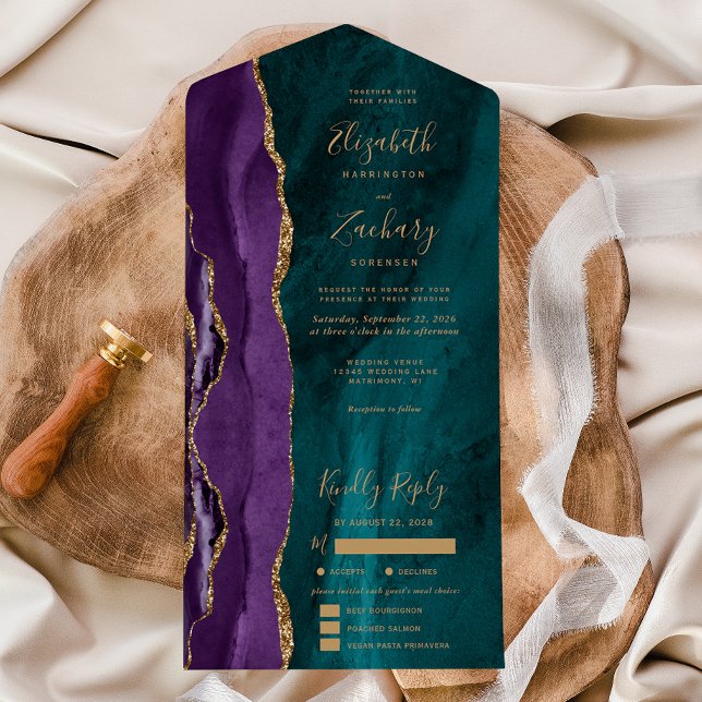 Invitation Tout En Un Purple Gold Teal Agate Meal Options Wedding (Créateur téléchargé)