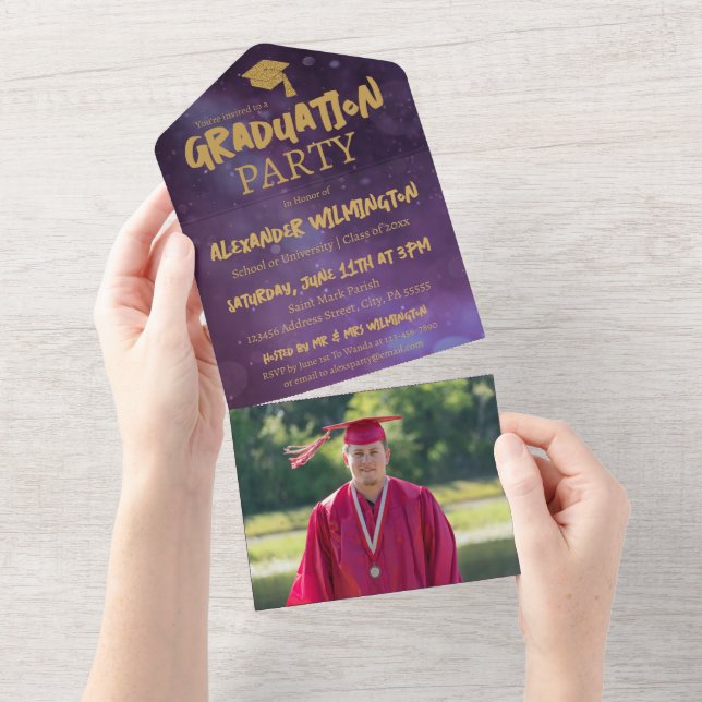 Invitation Tout En Un Purple & Gold Two Photo Graduation Party (Déchirure)