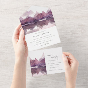Invitation Tout En Un Purple Lilac Watercolor Mariage du lac Mountain