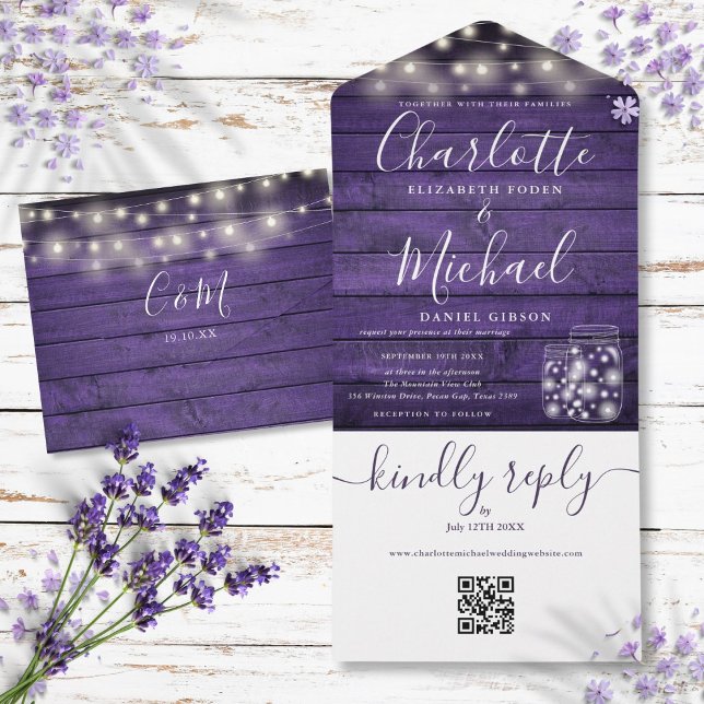 Invitation Tout En Un Purple Rustic QR Code Mason Jars Lights Wedding (Purple Rustic QR Code Mason Jars Lights Wedding All In One Invitation)