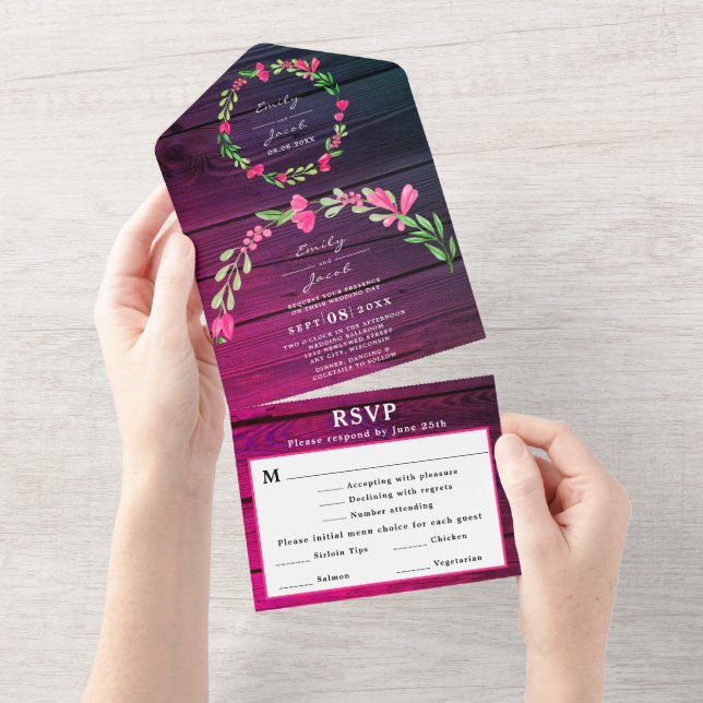 Invitation Tout En Un Purple Rustique Bois rose Floral Pays Wed RSVP (Déchirure)