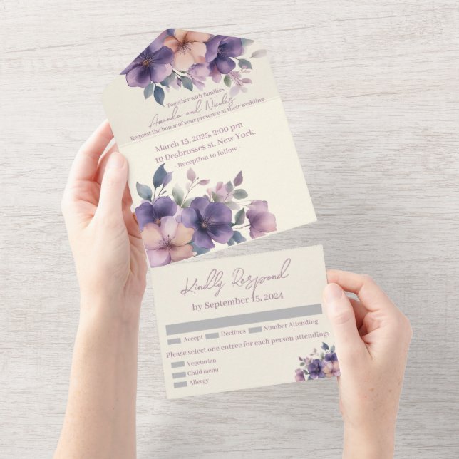 Invitation Tout En Un Purply rose fleurs sur All in One Wedding Inviter (Déchirure)