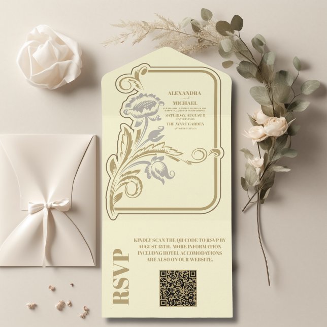 Invitation Tout En Un QR Code Antique Art Nouveau Mariage (Créateur téléchargé)