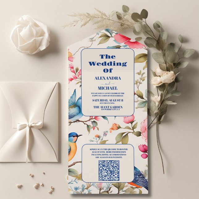 Invitation Tout En Un QR Code Aquarelle Oiseaux Peony Chinoiserie Garden (Créateur téléchargé)