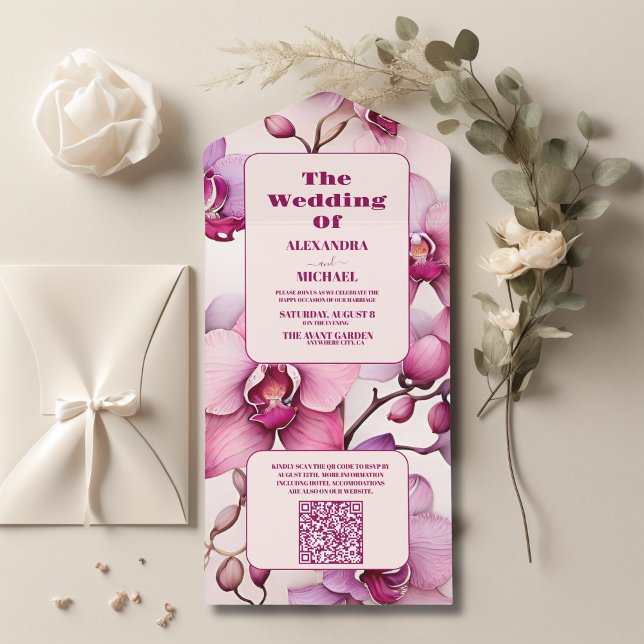 Invitation Tout En Un QR Code Aquarelle opulente Mariage d'orchidée rose (Créateur téléchargé)