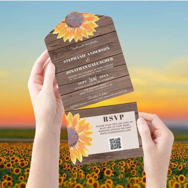 Invitation Tout En Un QR Code Aquarelle Tournesol Grange Bois Tout en un (Créateur téléchargé)
