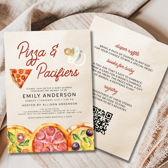 Invitation Tout en un QR Code Baby shower Pizza & Pacifiers (Créateur téléchargé)