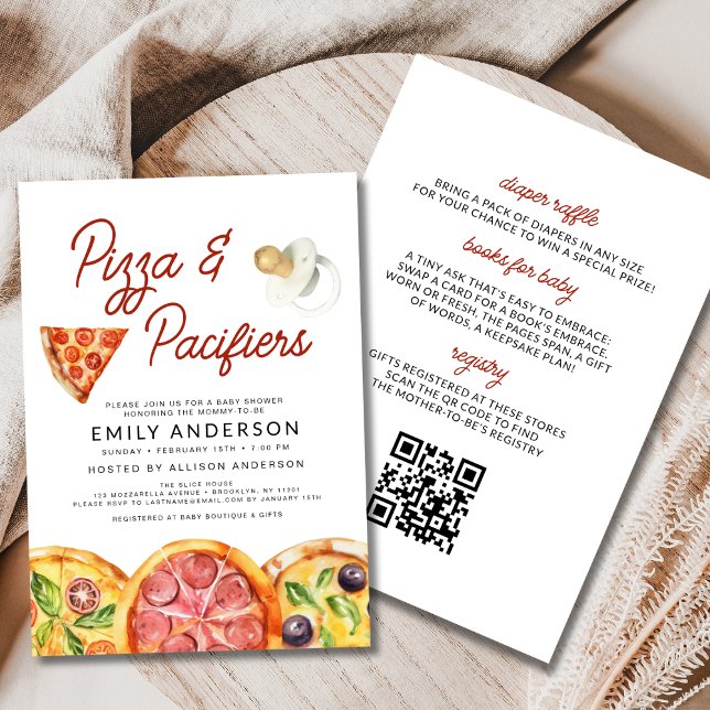 Invitation Tout en un QR Code Baby shower Pizza & Pacifiers (Créateur téléchargé)