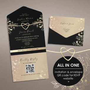Invitation Tout En Un QR Code Black Gold Floral Mariage