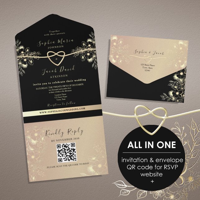 Invitation Tout En Un QR Code Black Gold Floral Mariage (Créateur téléchargé)
