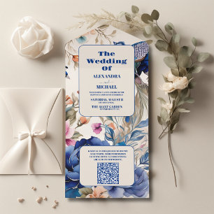 Invitation Tout En Un QR Code Blush Floral Peacock Chinoiserie Mariage