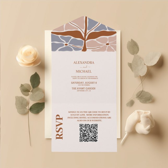 Invitation Tout En Un QR Code Boho Chic Retro Mariage floral (Créateur téléchargé)