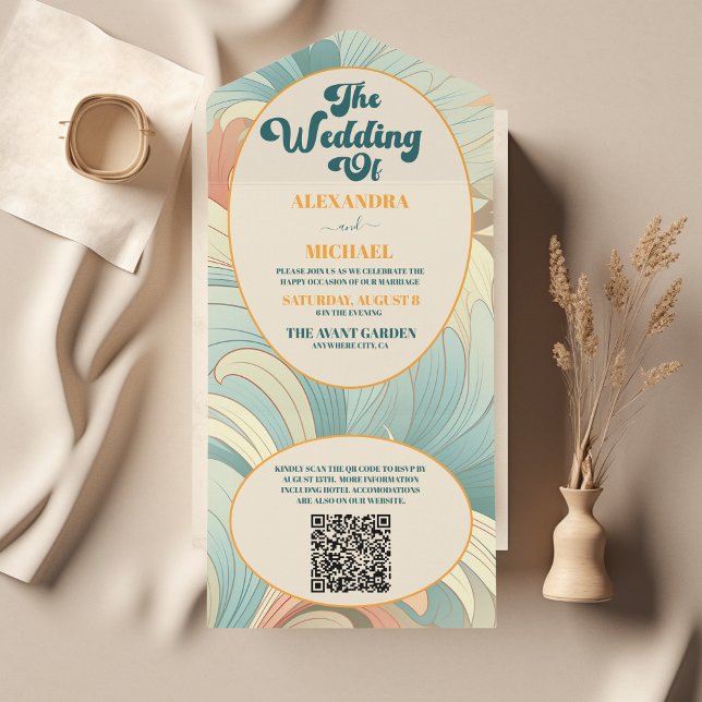 Invitation Tout En Un QR Code Boho Retro coloré Mariage floral (Créateur téléchargé)