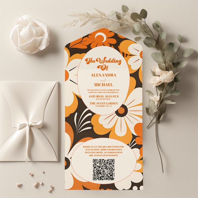 Invitation Tout En Un QR Code Boho Retro Floral Mariage (Créateur téléchargé)