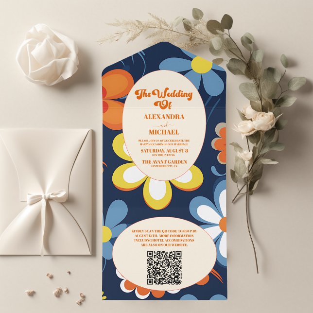 Invitation Tout En Un QR Code Boho Retro Floral Mariage (Créateur téléchargé)