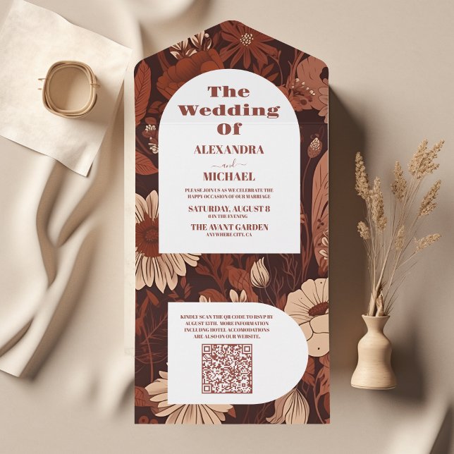 Invitation Tout En Un QR Code Bourgogne Mariage Fleur sauvage (Créateur téléchargé)