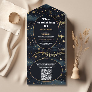 Invitation Tout En Un QR Code Celestial Midnight Blue Stars Moon Mariage