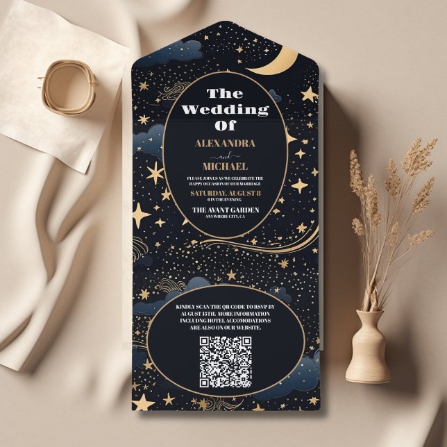 Invitation Tout En Un QR Code Celestial Midnight Blue Stars Moon Mariage (Créateur téléchargé)