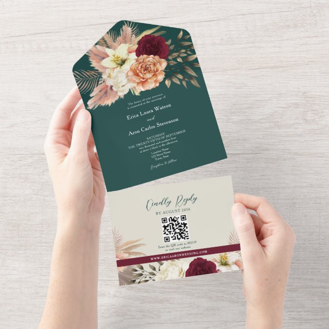 Invitation Tout En Un QR Code Chute Mariage floral (Déchirure)
