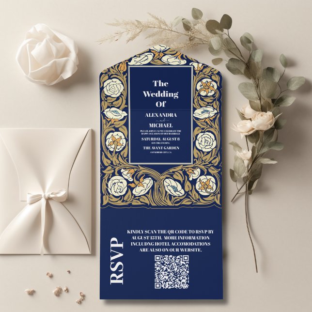 Invitation Tout En Un QR Code Classic Bleu Art Nouveau Mariage (Créateur téléchargé)