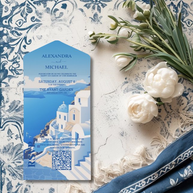 Invitation Tout En Un Qr Code Destination Grèce Santorin Mariage (Créateur téléchargé)