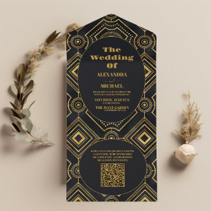 Invitation Tout En Un QR Code Diamant Noir et or Art Déco Mariage