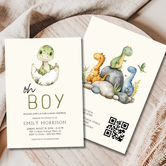 Invitation Tout en un QR Code Dinosaur Baby Boy Douche (Créateur téléchargé)