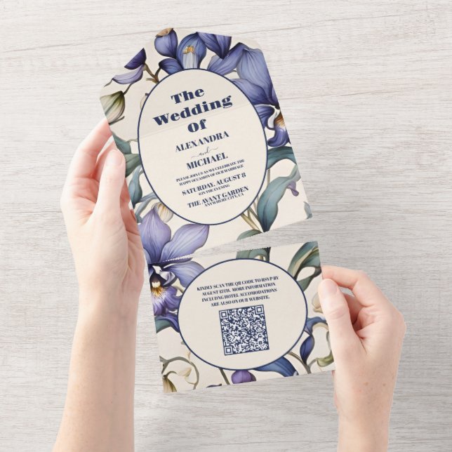 Invitation Tout En Un QR Code Elegant Aquarelle Bleu Floral Mariage (Déchirure)