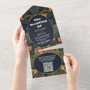 Invitation Tout En Un QR Code élégant Floral Art Nouveau Mariage