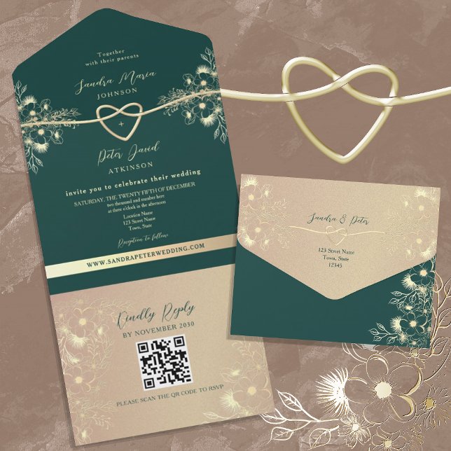 Invitation Tout En Un QR Code Emerald Green Gold Mariage (Créateur téléchargé)