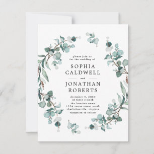 Invitation Tout en un QR Code Eucalyptus Mariage vert