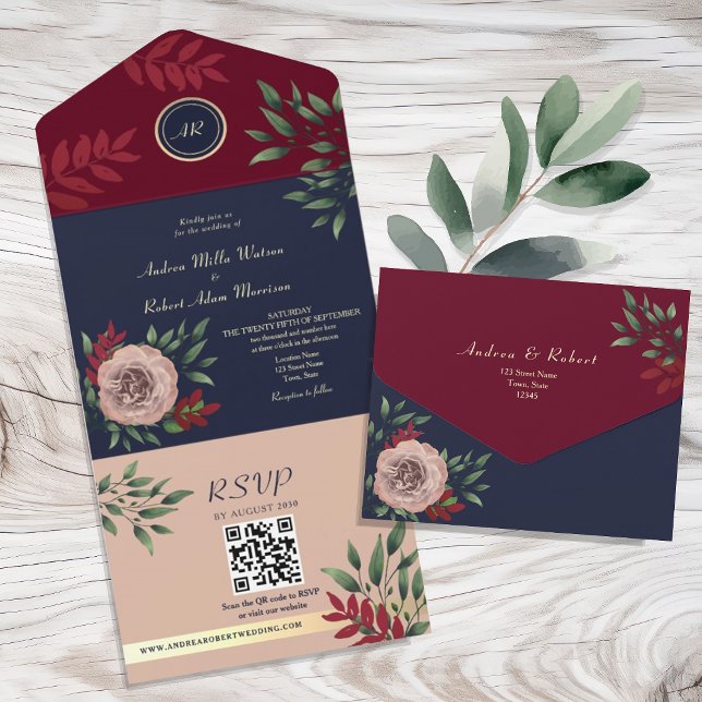 Invitation Tout En Un QR Code Fall Burgundy Mariage de la marine (Créateur téléchargé)